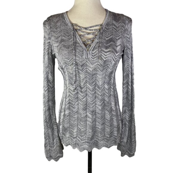 WHBM Metallic Shimmer Knit Top Size XS Gray Silver Long Sleeves Tie V Neck - Picture 1 of 14